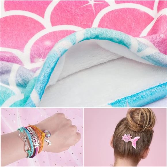 Mermaid Tail Blanket -Wearable Mermaid Soft Blanket with Sequin Hairpin Bracelet - Picture 2 of 6
